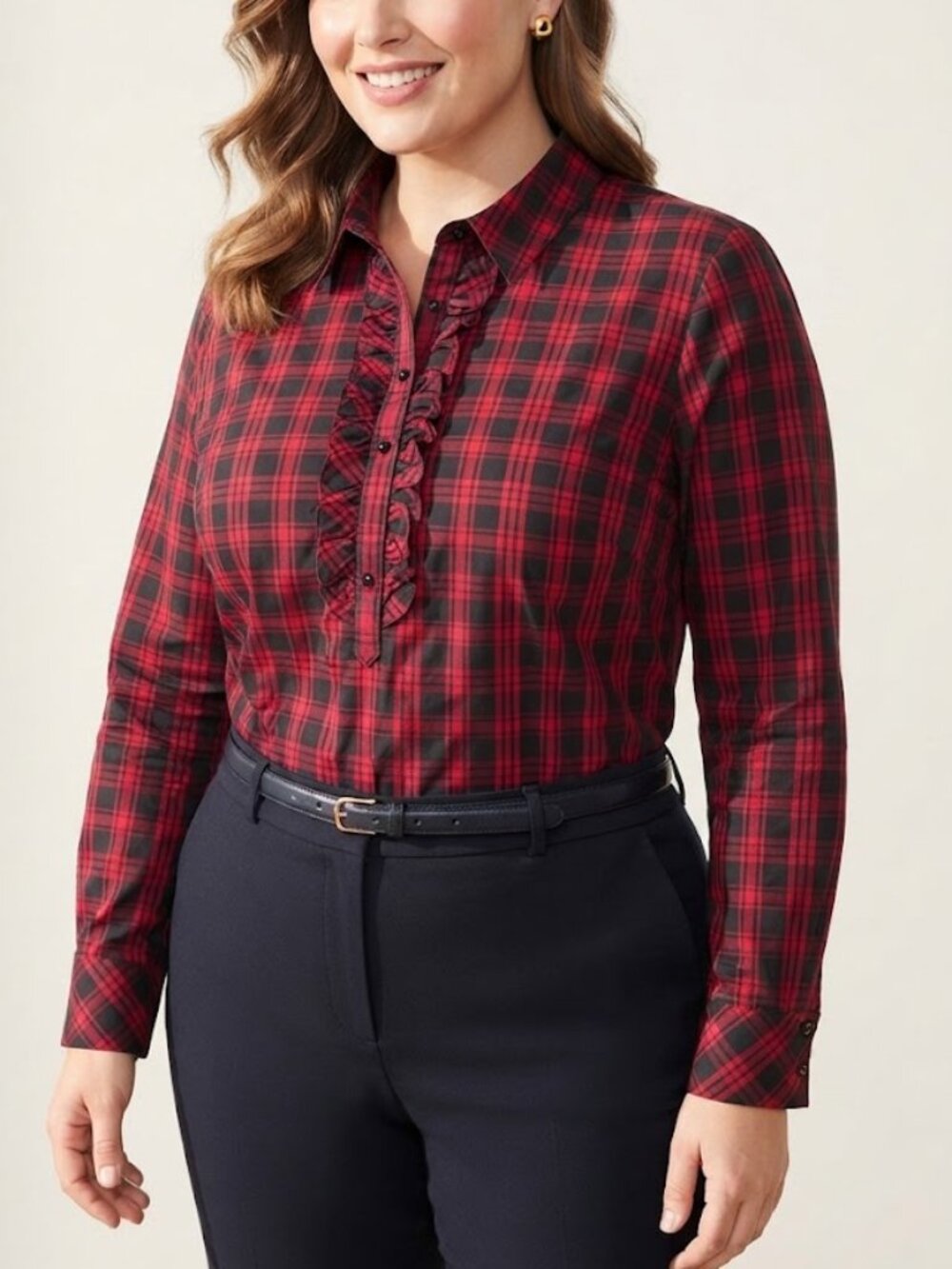 Talbots Red Black Plaid Ruffle Front Button Down Stretch Shirt Size 16